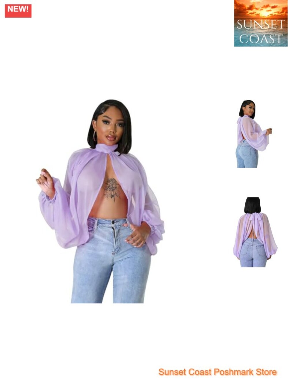 Sheer Chiffon Long Sleeve Blouse Women's Sexy See Through Lantern Sleeve Top